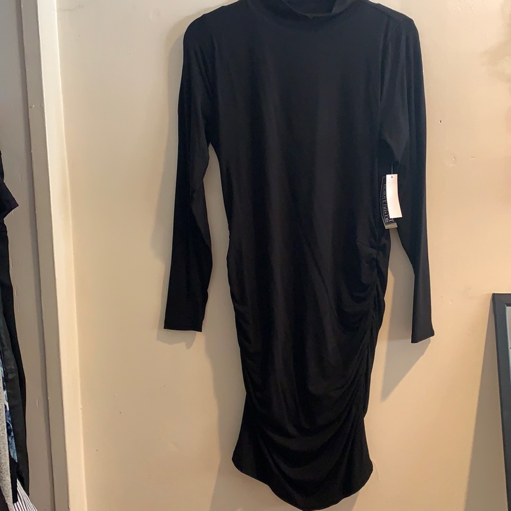 Mock Neck Long Sleeve Ruched Bottom Black Dress